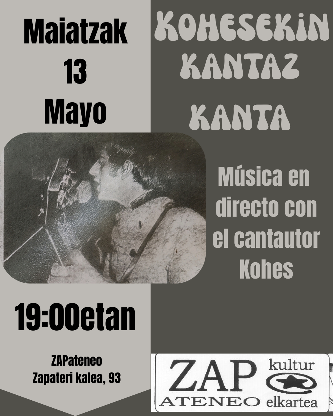 Música en directo con el cantautor KOHES-ekin kantaz kanta 2026ko maiatzaren 13an, asteazkenean, 19:00etan ZAPateneon