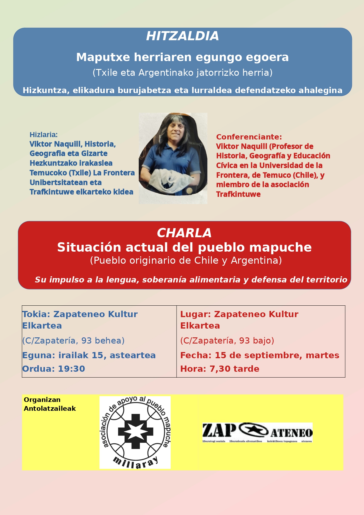 HITZALDIA ZAPATENEON:  «Maputxe herriaren egungo egoera / Situación actual del pueblo mapuche» Viktor Naquill-ekin 2026-09-15ean, asteartean 19:30etan.