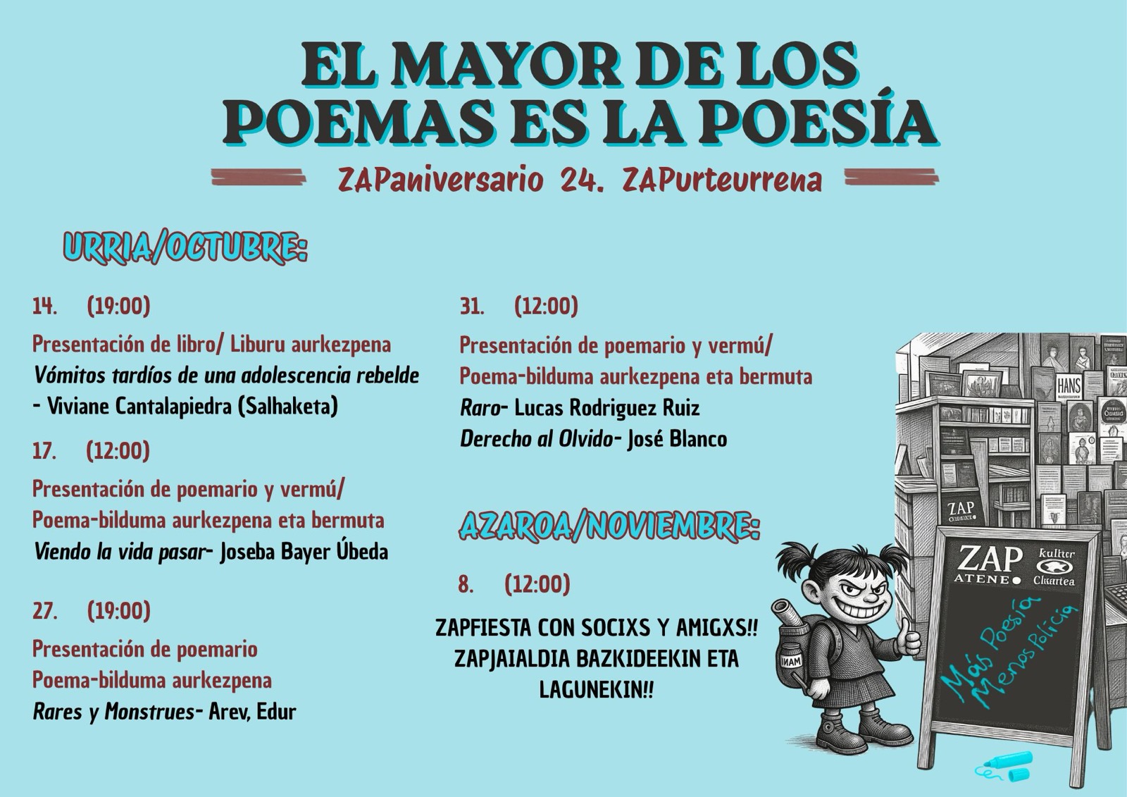 ZAPateneoren 24. urteurrena 2026ko urrian eta azaroan zehar: «El mayor de los POEMAS es la POESÍA»