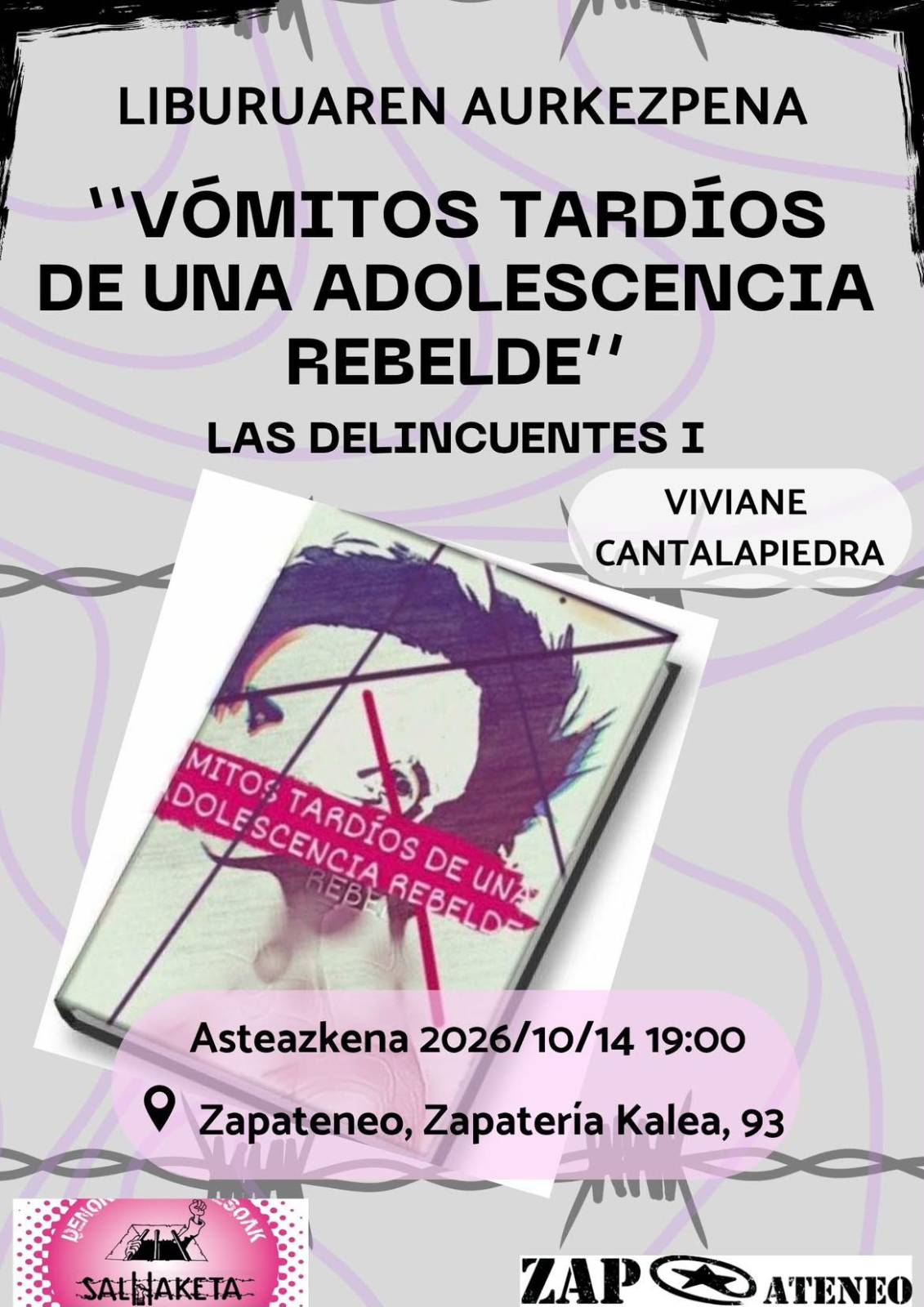 Miércoles 14 de octubre de 2026: Presentación del libro “Vómitos tardíos de una adolescencia rebelde” de Viviane Cantalapiedra 