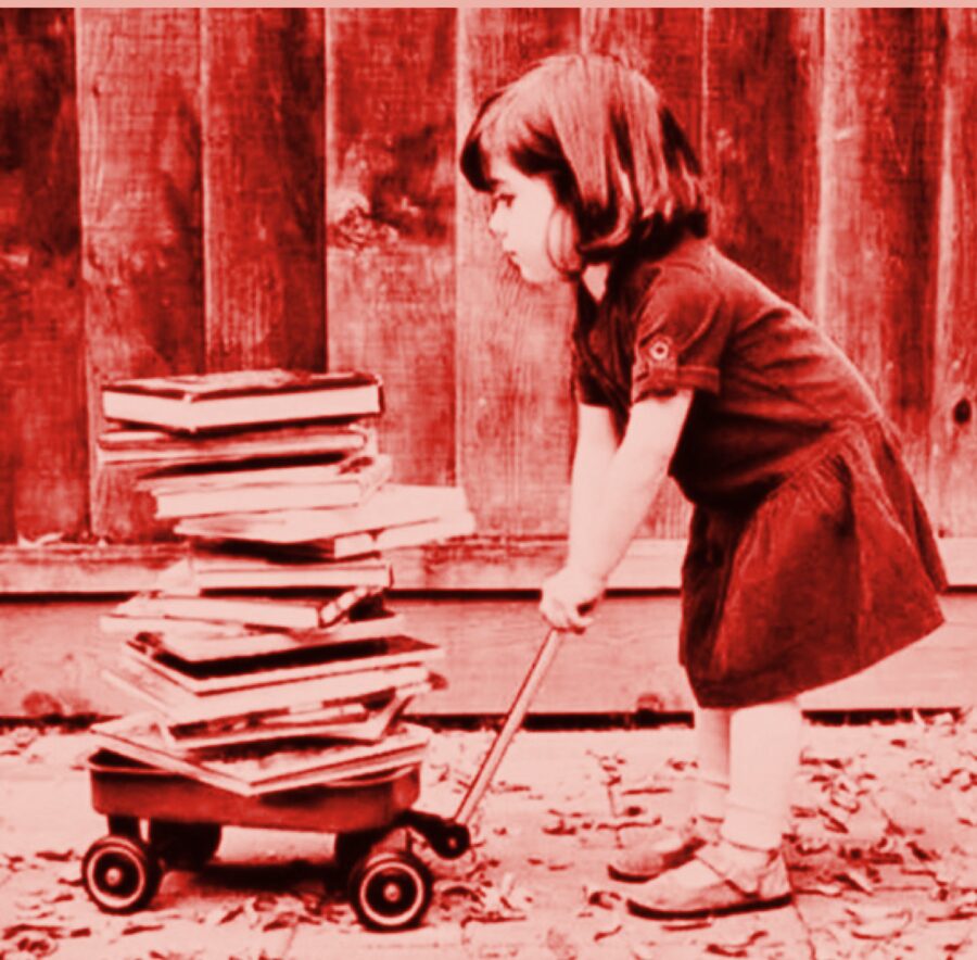 Una niña arrastra un carrito lleno de libros